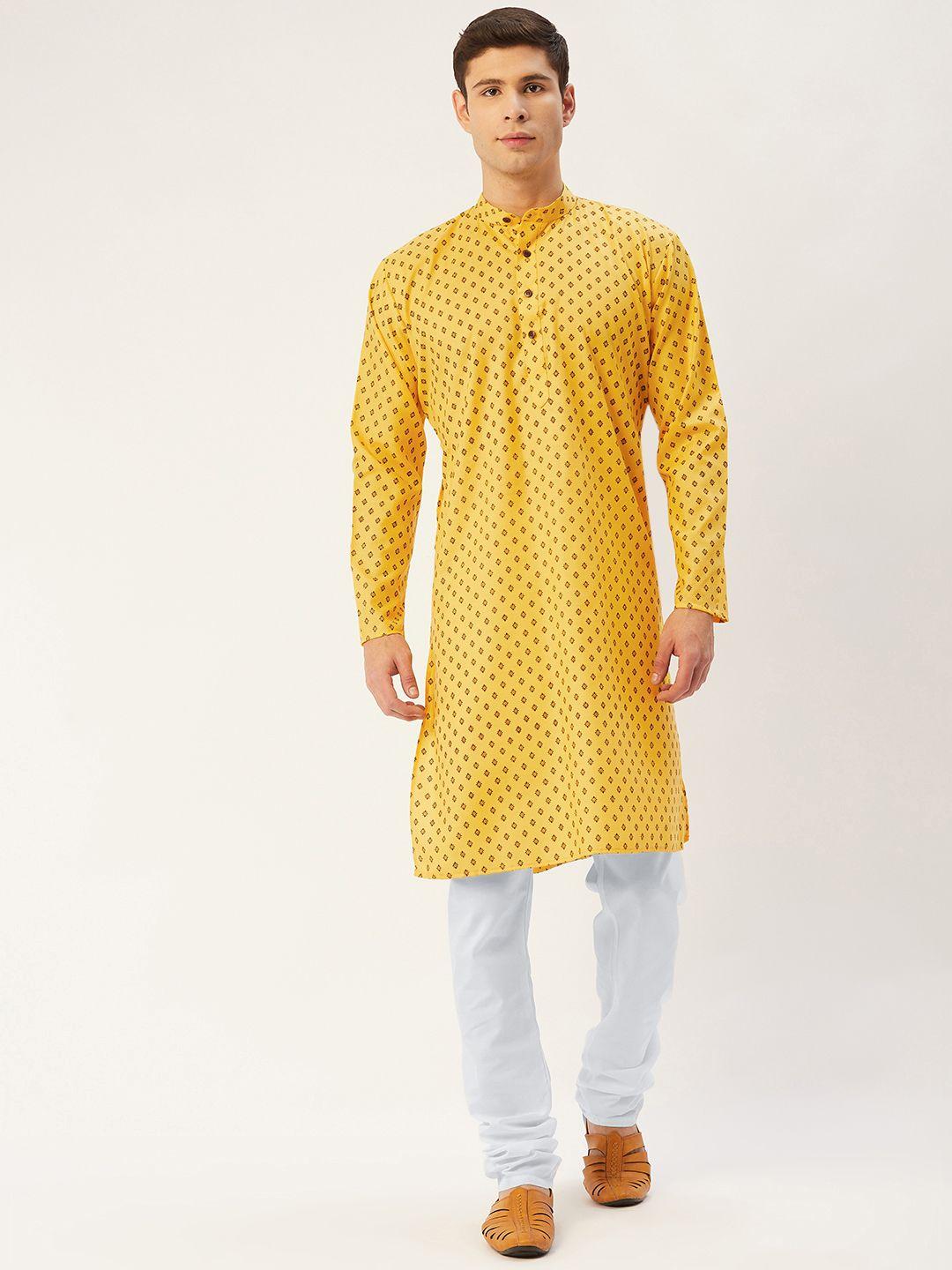 jompers men yellow & white printed cotton kurta with churidar