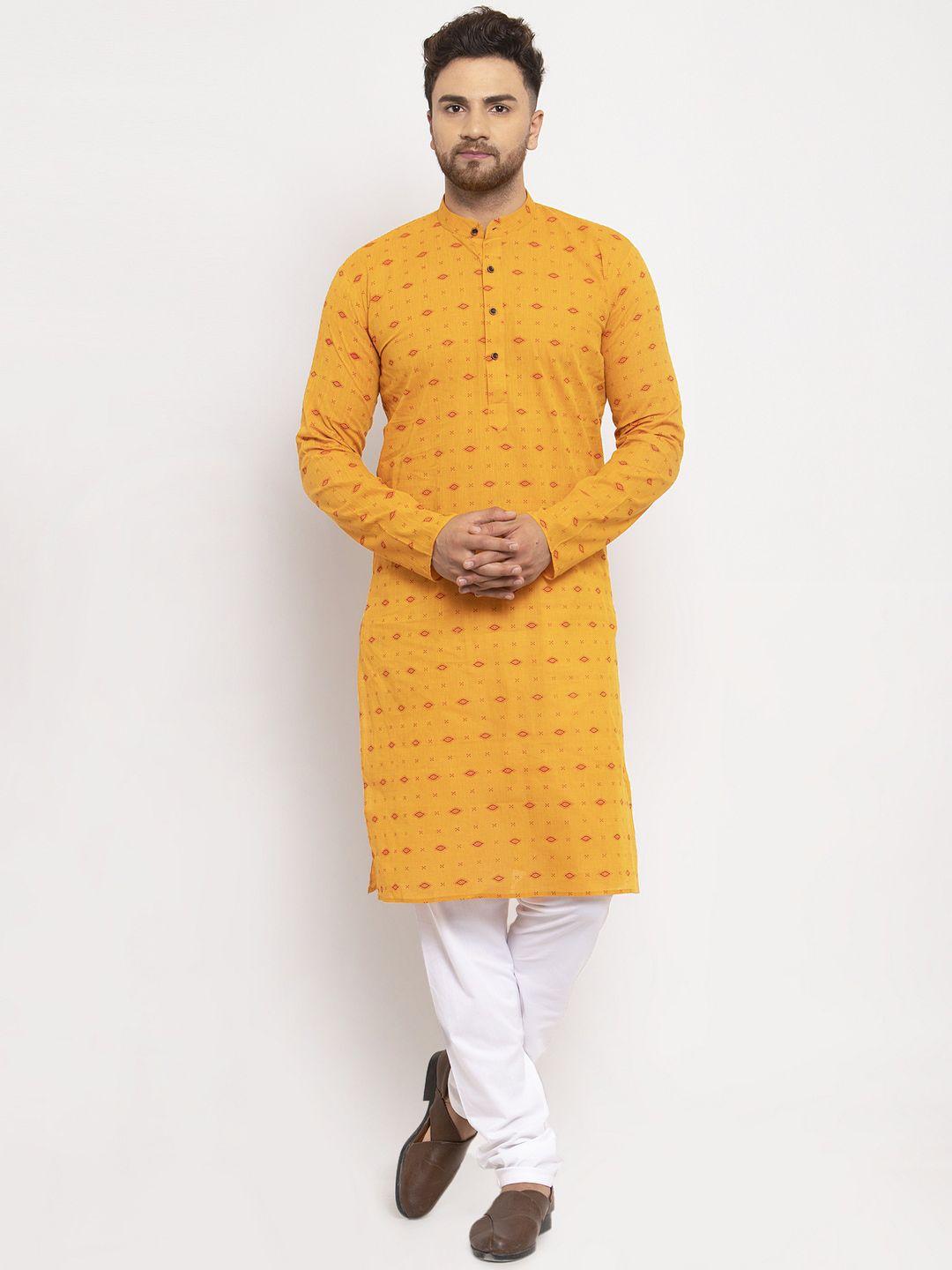 jompers men yellow & white printed kurta with pyjamas