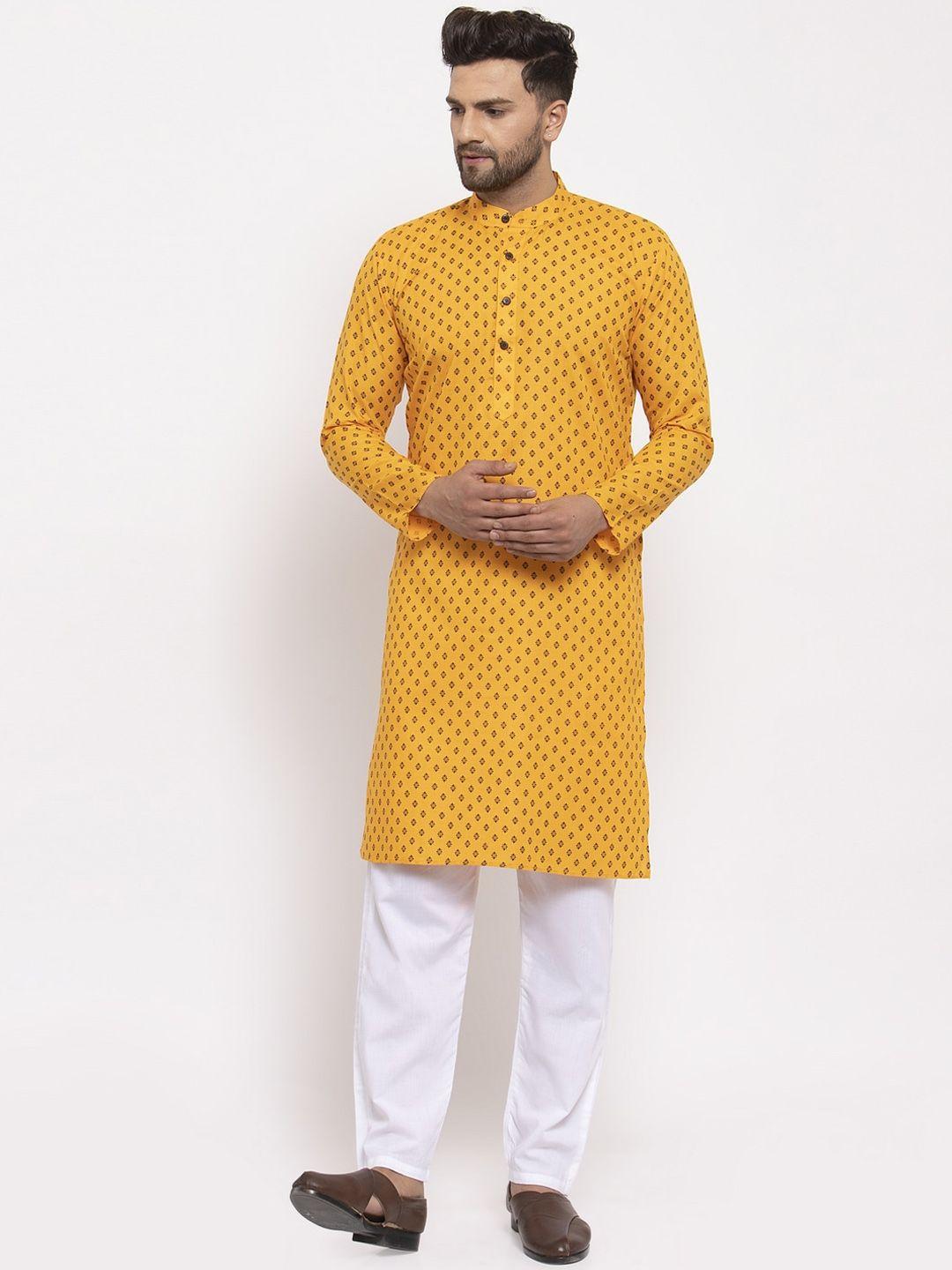 jompers men yellow & white printed kurta with pyjamas