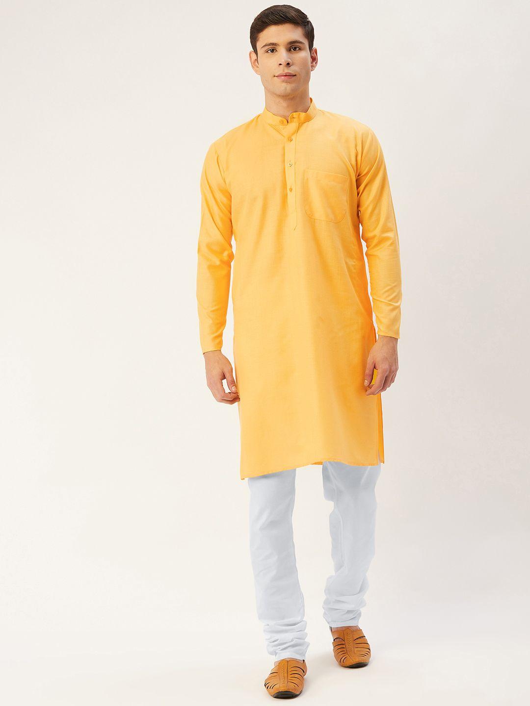 jompers men yellow & white solid pure cotton kurta with churidar