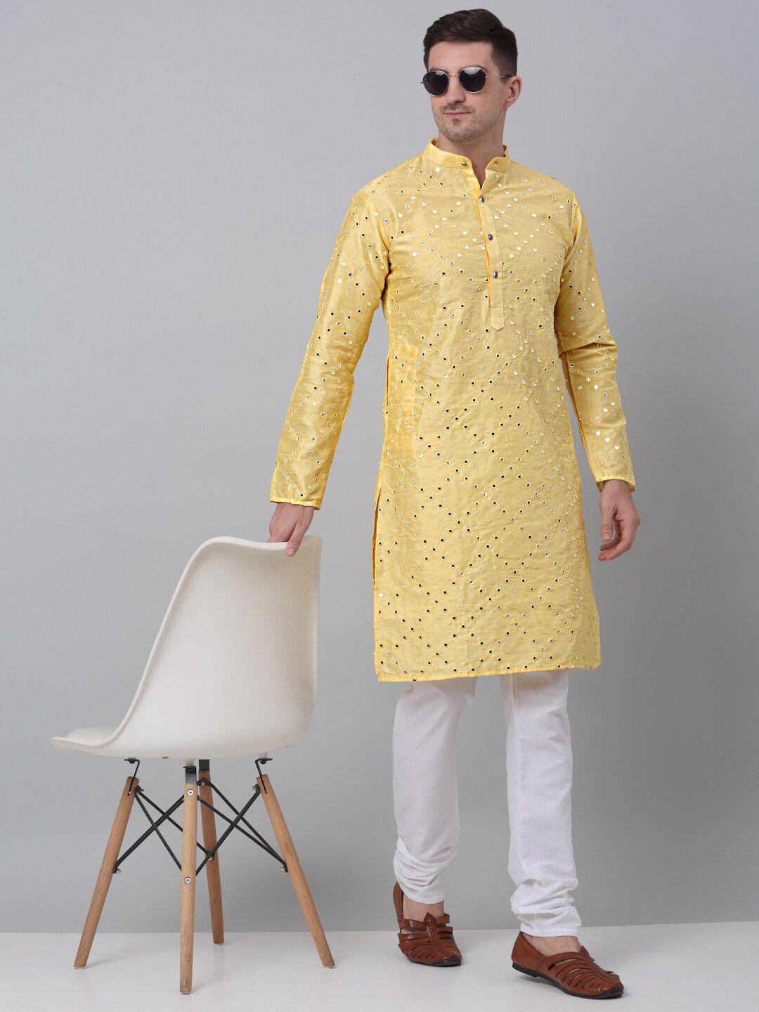 jompers men yellow embroidered regular mirror work dupion silk kurta with churidar