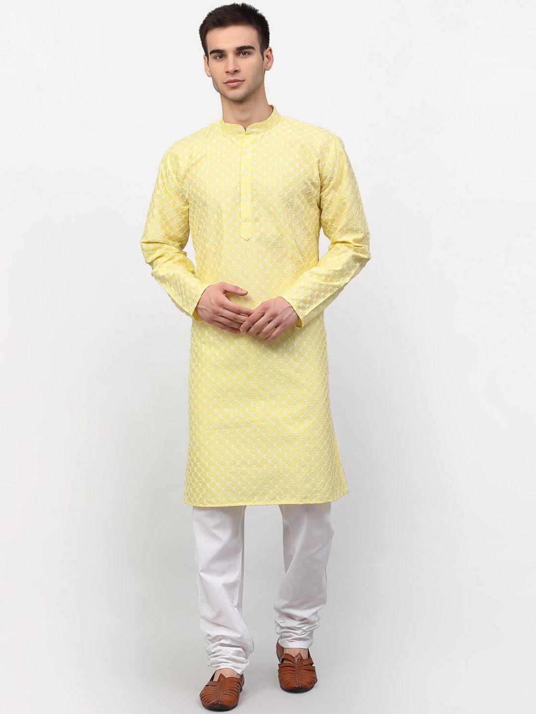 jompers men yellow embroidered thread work kurta with pyjamas