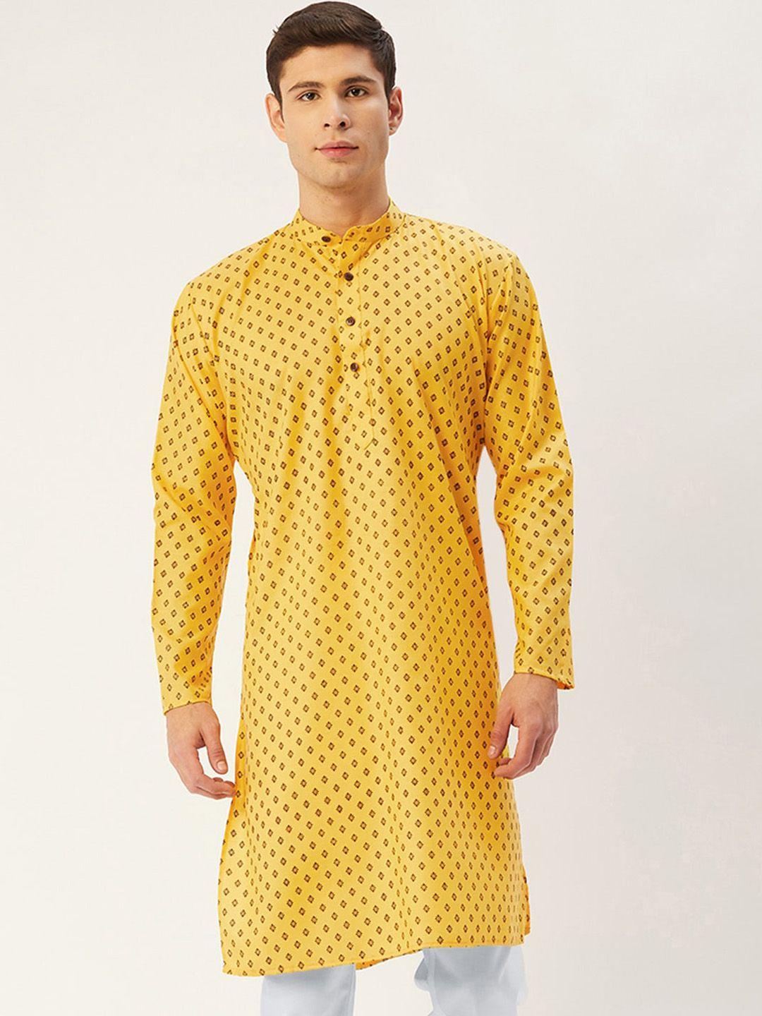 jompers men yellow geometric checked cotton kurta