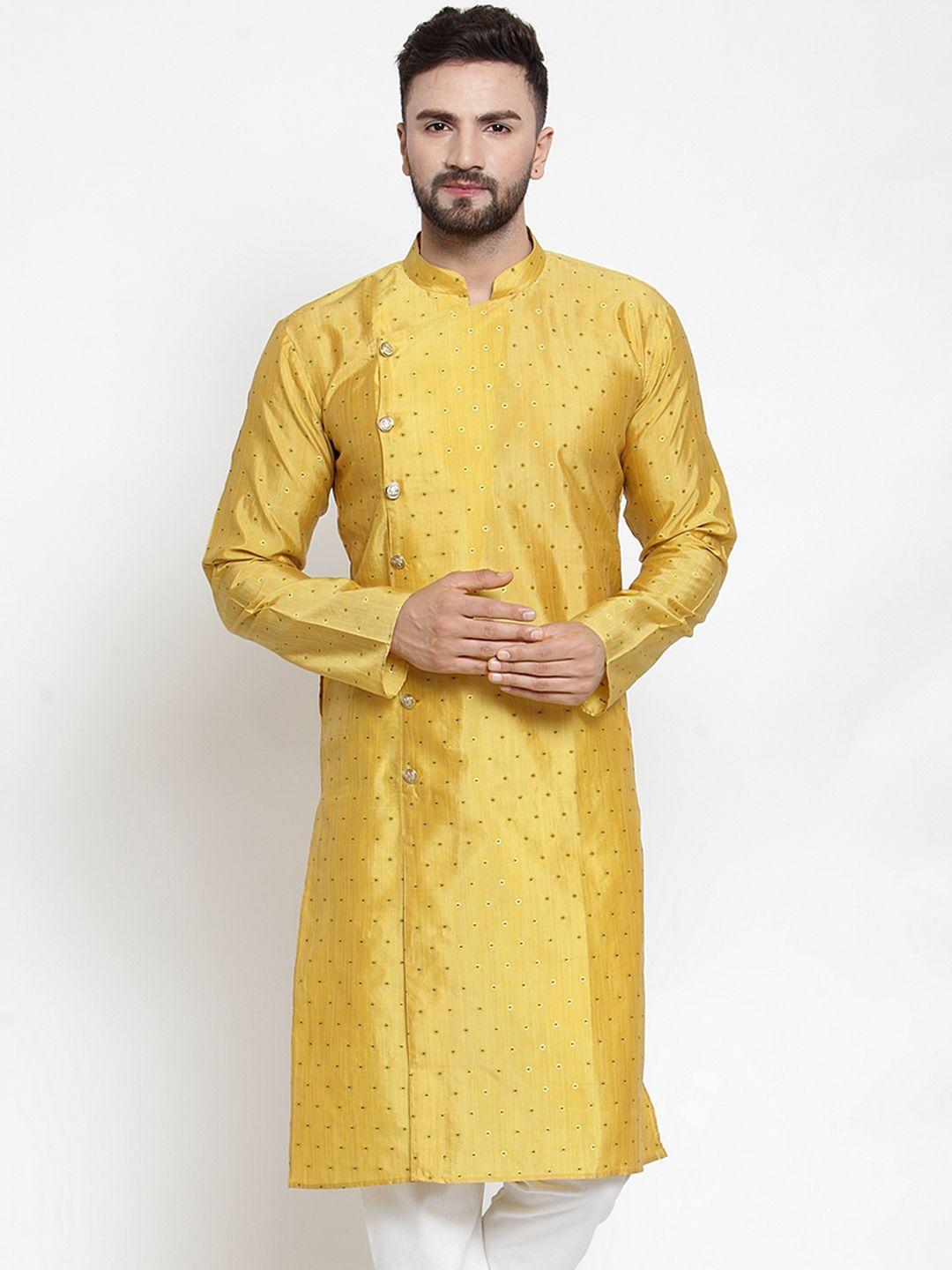 jompers men yellow jacquard weave woven design straight kurta