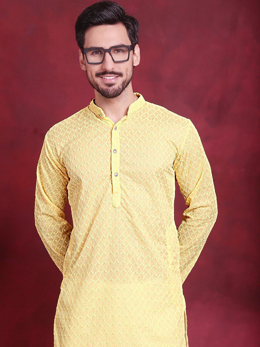 jompers men yellow leheriya embroidered chikankari kurta