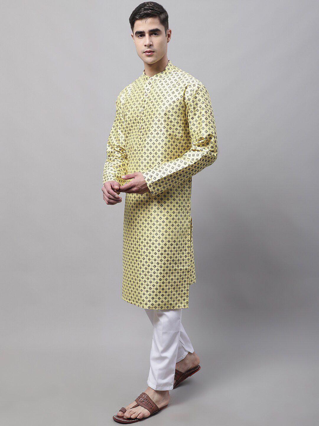 jompers men yellow printed kurta with pyjamas