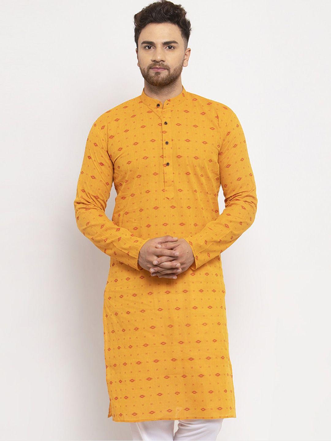 jompers men yellow striped straight kurta