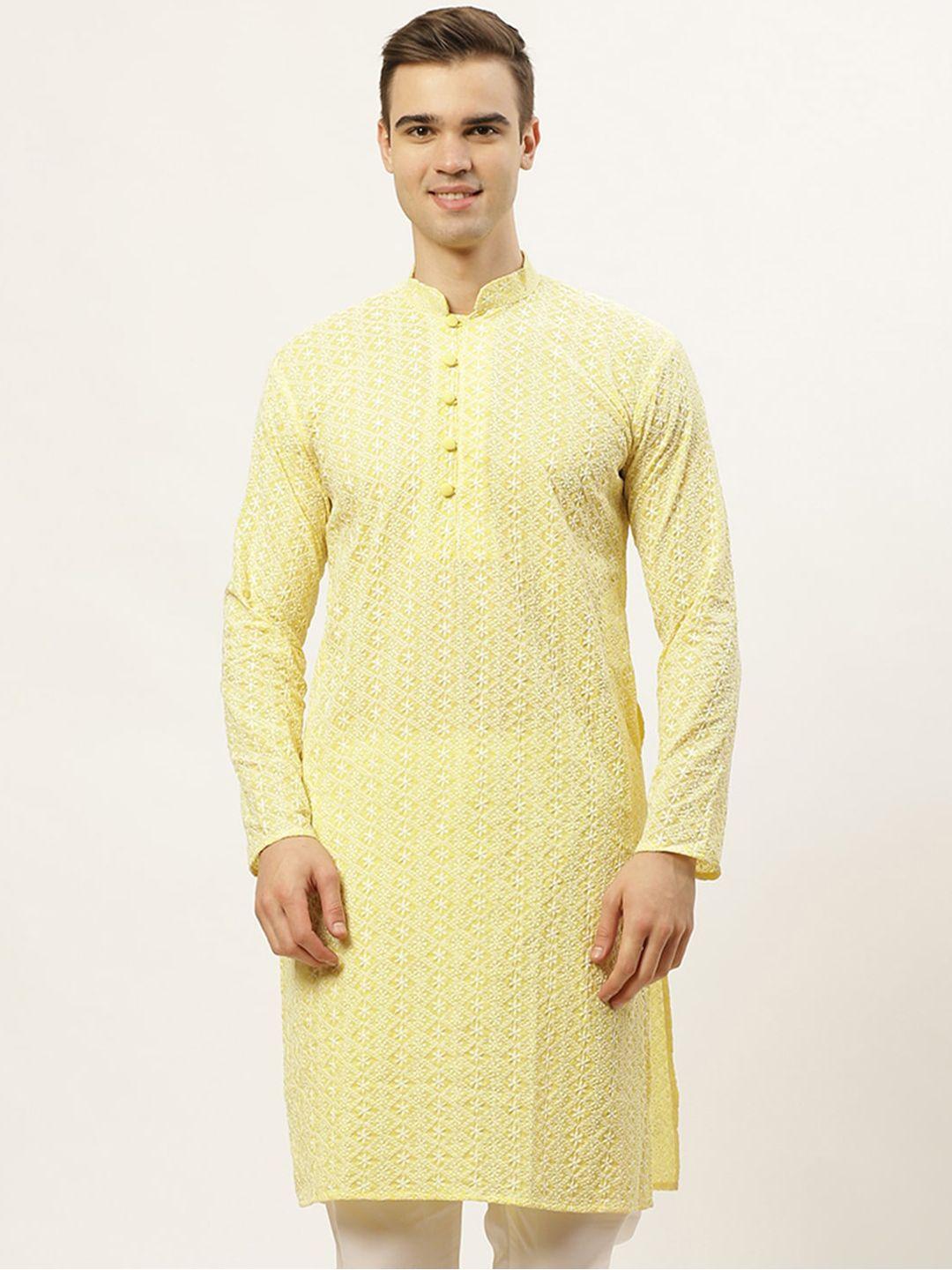 jompers men yellow thread work embroidered chikankari pure cotton kurta