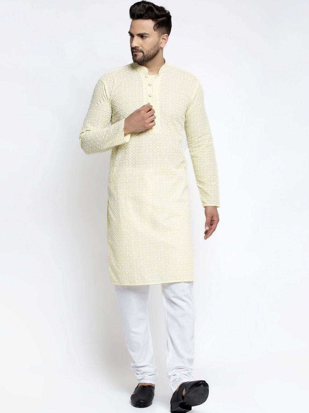 jompers men yellow woven design kurta with pyjamas