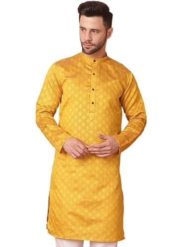 jompers mens mustard woven design silk blend kurtas (mustard, l)