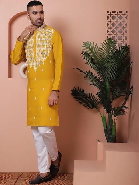 jompers mustard & white ragular fit embroidered kurta bottom set