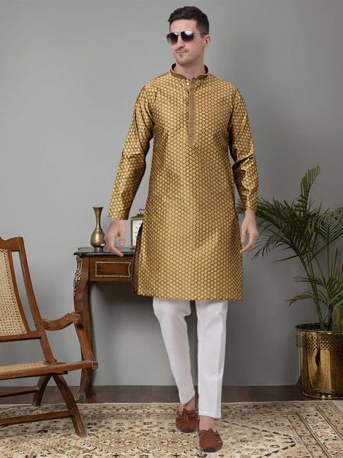 jompers mustard & white regular fit embroidered kurta & pyjamas set