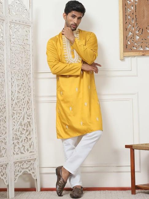 jompers mustard & white regular fit embroidered kurta bottom set