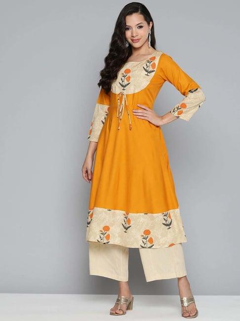 jompers mustard anarkali floral print kurta