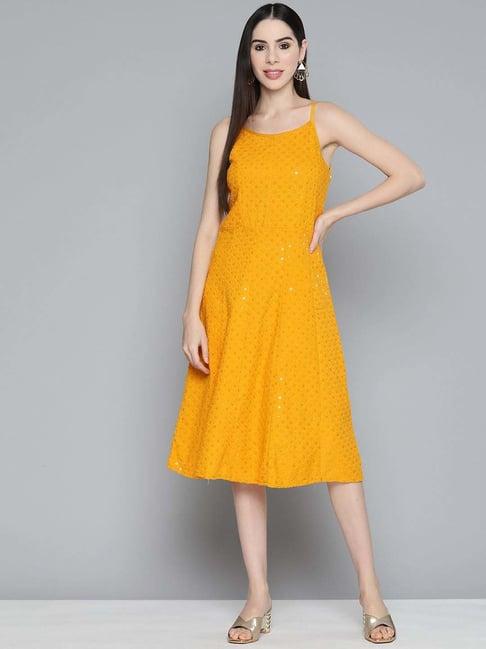 jompers mustard embroidered a-line dress