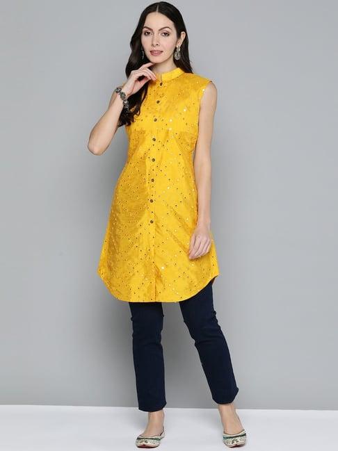 jompers mustard embroidered a line kurti