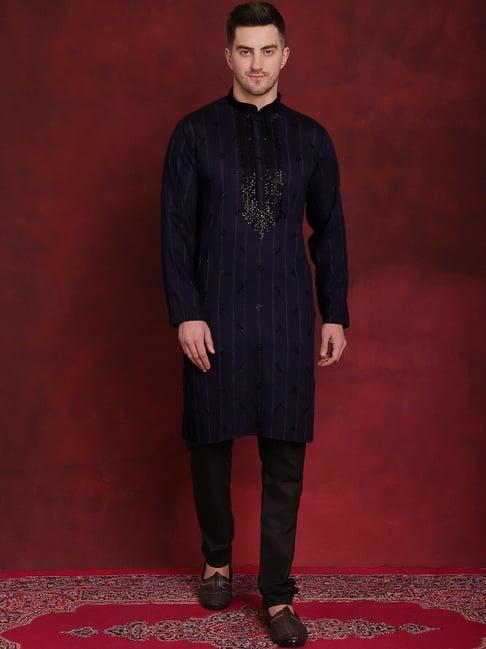 jompers navy & black regular fit embroidered kurta bottom set