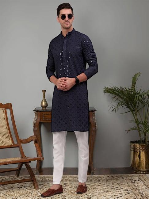 jompers navy & white regular fit chikankari embroidered kurta & pyjamas set