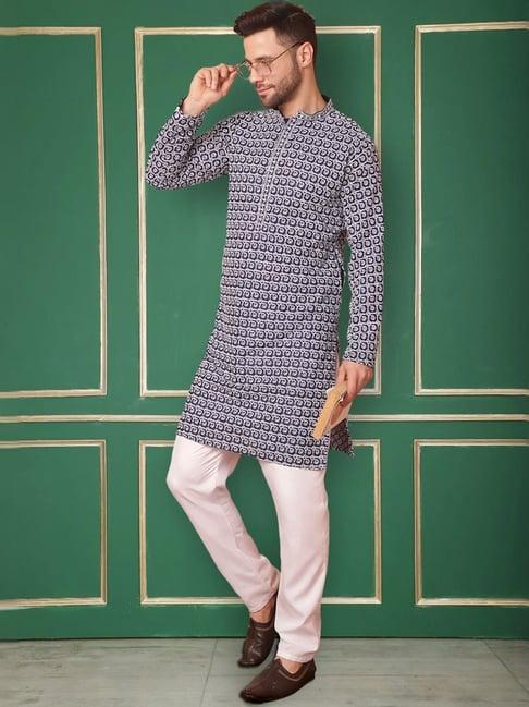 jompers navy & white regular fit chikankari kurta bottom set