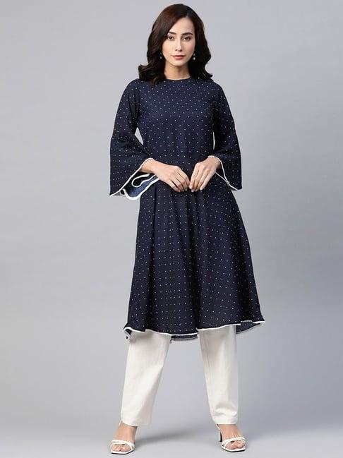 jompers navy cotton polka dots flared kurta