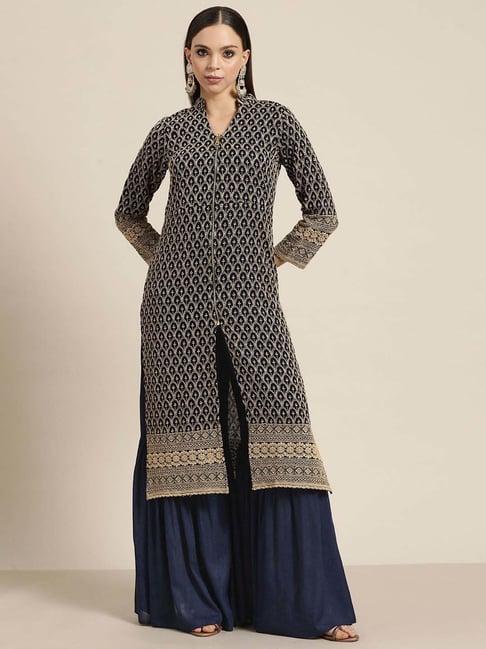 jompers navy embroidered kurta palazzo set with dupatta