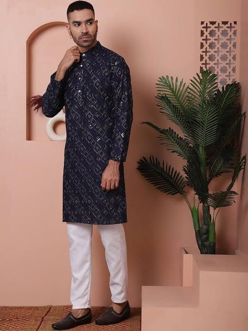 jompers navy ragular fit embroidered kurta bottom set