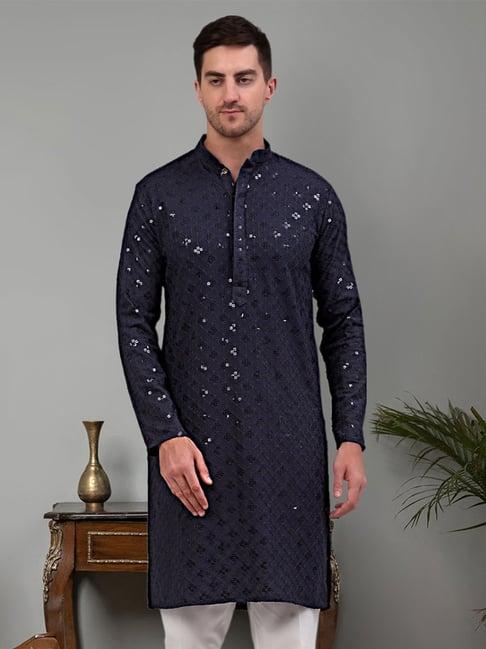 jompers navy regular fit chikankari embroidered kurta