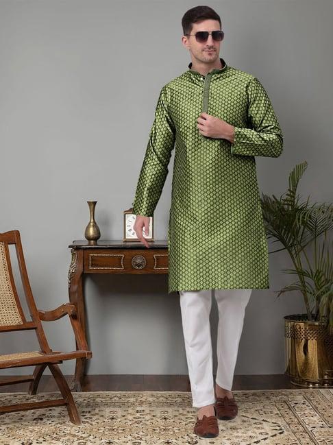 jompers olive & white regular fit embroidered kurta & pyjamas set