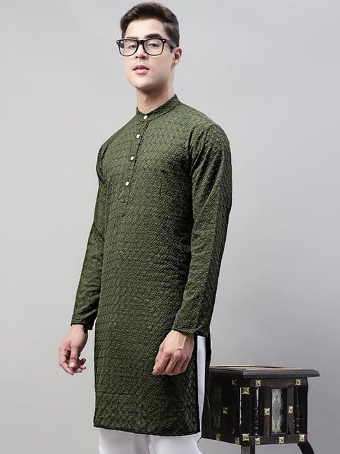 jompers olive green cotton regular fit embroidered kurta