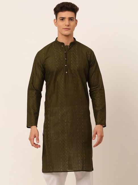 jompers olive green cotton regular fit embroidered kurta