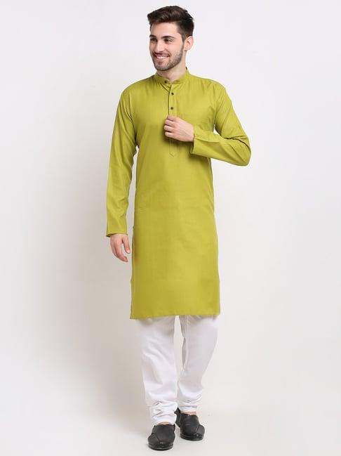 jompers olive green cotton regular fit kurta set