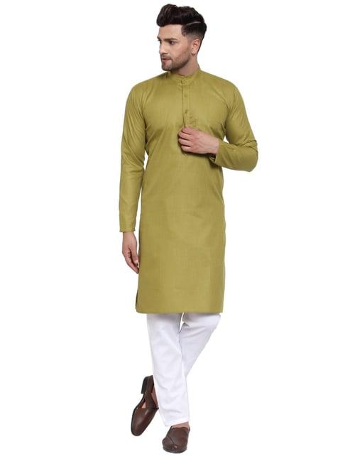 jompers olive green cotton regular fit kurta set