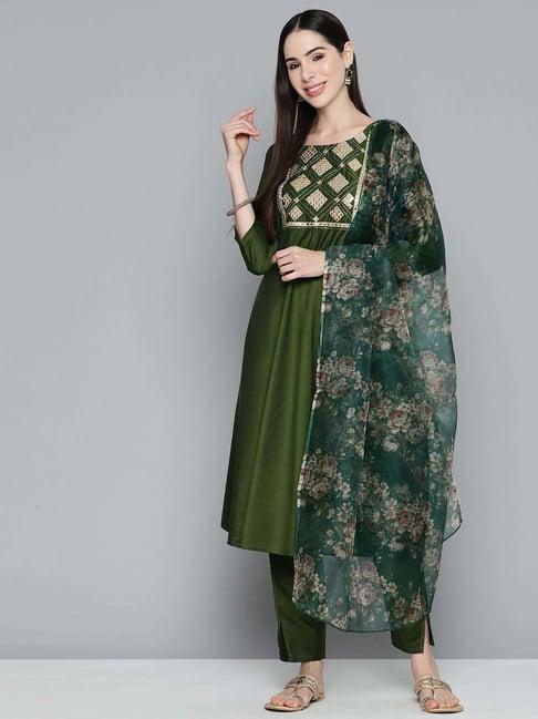 jompers olive green embroidered kurta pant set with dupatta