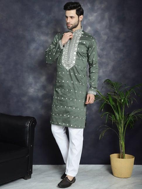 jompers olive regular fit chikankari kurta bottom set