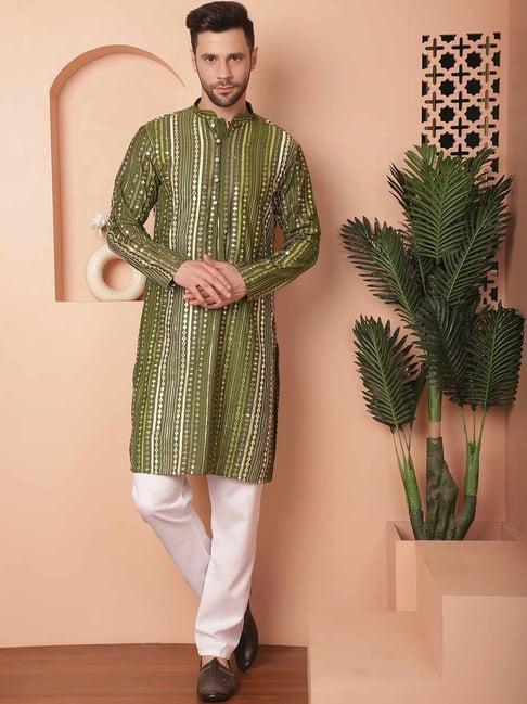 jompers olive regular fit embroidered kurta bottom set