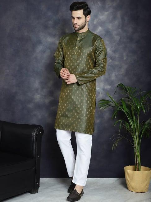 jompers olive regular fit self pattern kurta bottom set