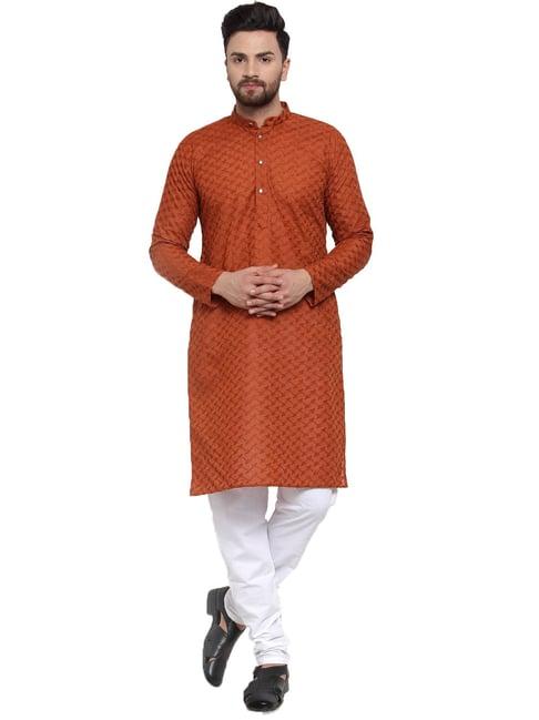 jompers orange cotton regular fit embroidered kurta set