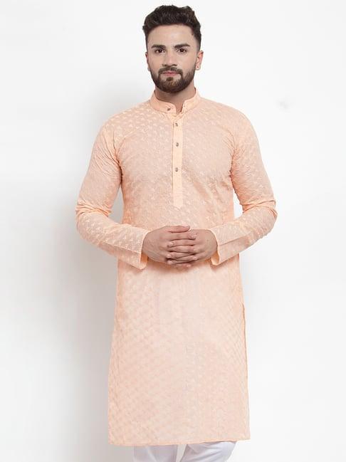 jompers orange cotton regular fit embroidered kurta