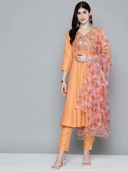 jompers orange embroidered kurta pant set with dupatta