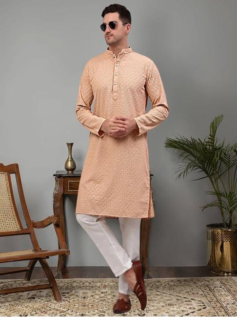 jompers peach & white regular fit chikankari embroidered cotton kurta & pyjamas set