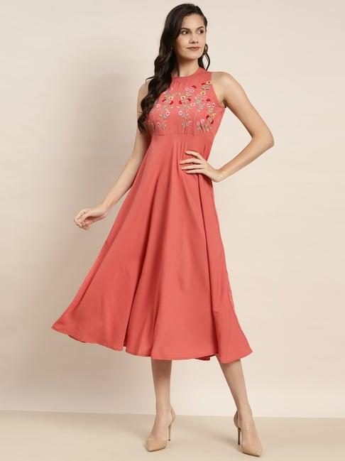 jompers peach embroidered a-line dress