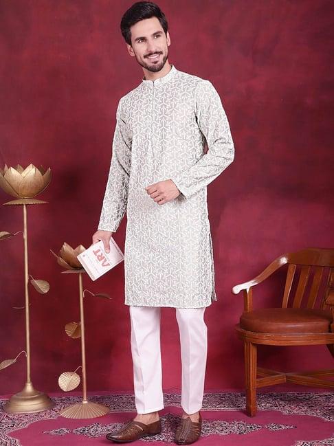 jompers pista & white regular fit embroidered kurta bottom set