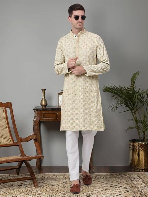 jompers pista green & white regular fit chikankari embroidered cotton kurta & pyjamas set