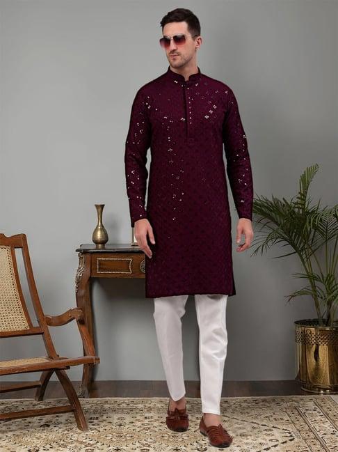 jompers purple & white regular fit chikankari embroidered kurta & pyjamas set