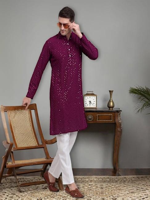 jompers purple & white regular fit embroidered cotton kurta & pyjamas set
