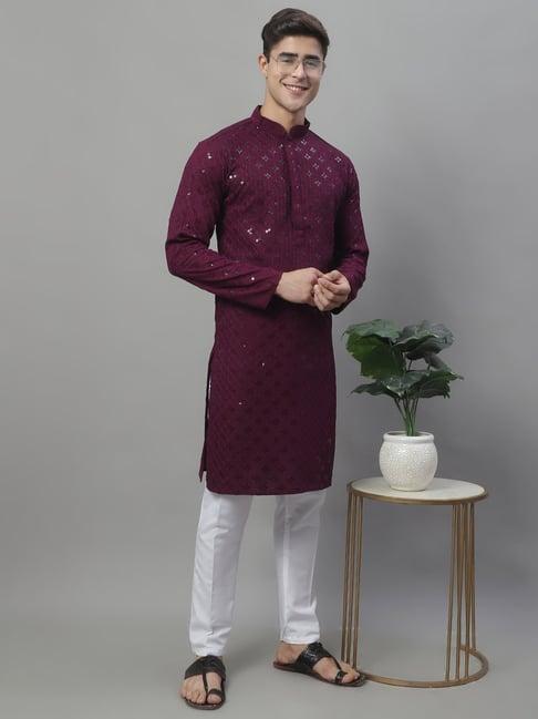 jompers purple regular fit embroidered kurta & pyjamas set