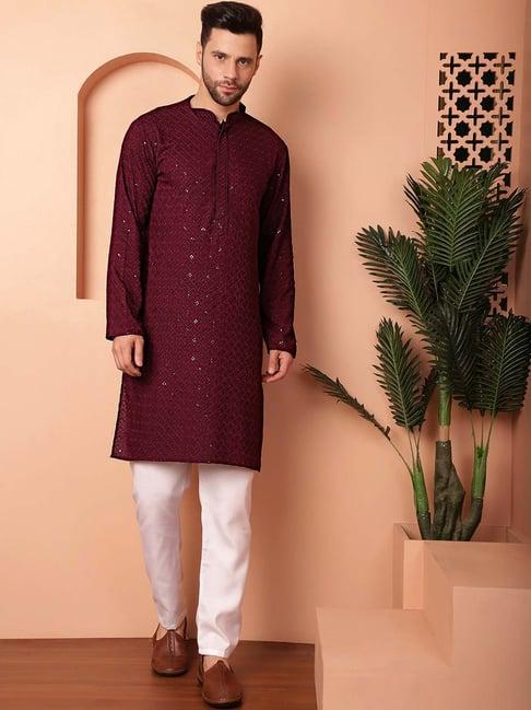 jompers purple regular fit embroidered kurta bottom set