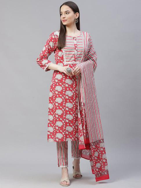 jompers red & grey pure cotton floral print kurta pant set with dupatta