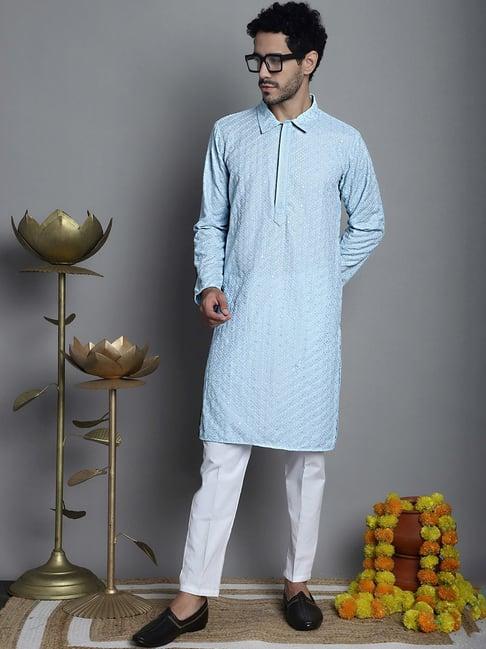 jompers sky blue & white regular fit chikankari embroidered kurta & pyjamas set