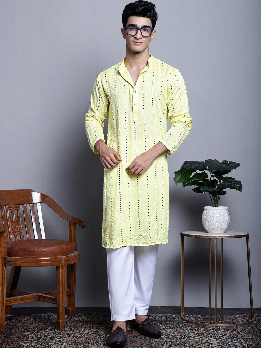 jompers striped band collar mirror work straight kurta & pyjamas